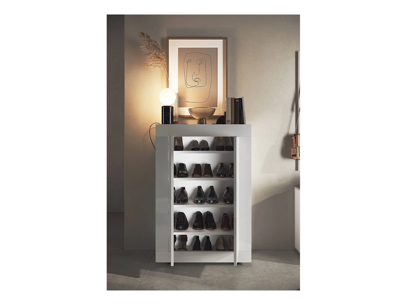 Armoire polyvalente à 2 portes Drandl, Meubles multifonctionnels, Support à chaussures pour armoire, Made in Italy, 78x35 h113 cm, Blanc