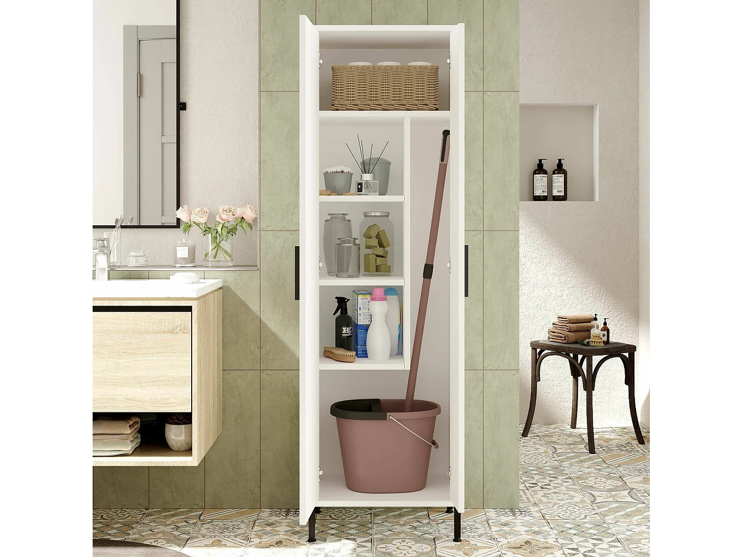 Multifunctionele kledingkast 1 deur Dhatzidiako, Multifunctionele kast, Schoenenrekkast, Schoenenkast, 50x36 h165 cm, Wit