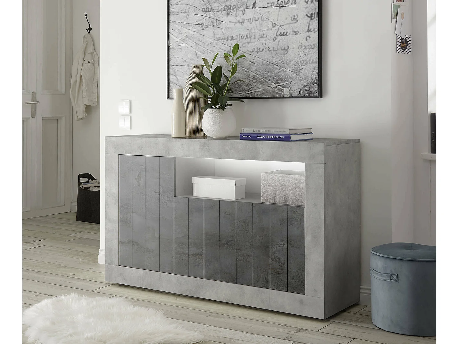 Diguodal dressoir, Woonkamerbuffet, Woonkamerdressoir, Keukenkast, Made in Italy, 138x42 h86 cm, Cement en Leisteen