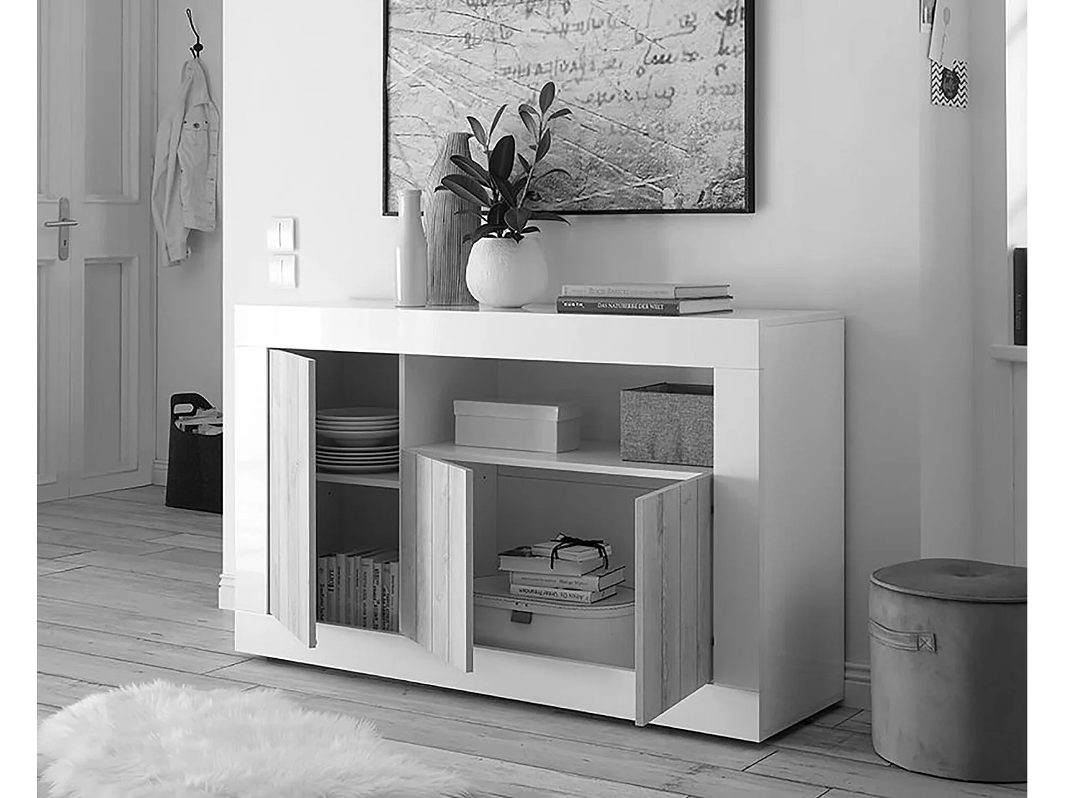 Diguodal dressoir, Woonkamerbuffet, Woonkamerdressoir, Keukenkast, Made in Italy, 138x42 h86 cm, Cement en Leisteen