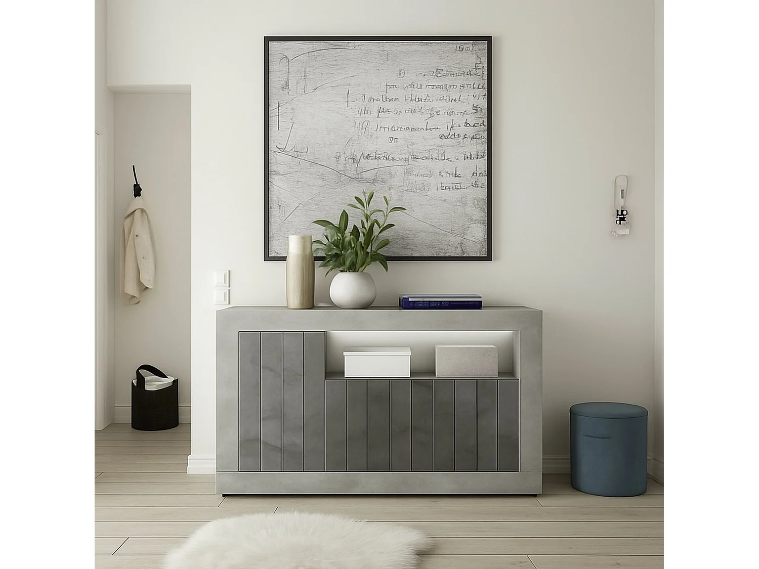 Aparador Diguodal, Bufé de salón, Aparador de salón, Despensa de cocina, Made in Italy, 138x42 h86 cm, Cemento yPizarra