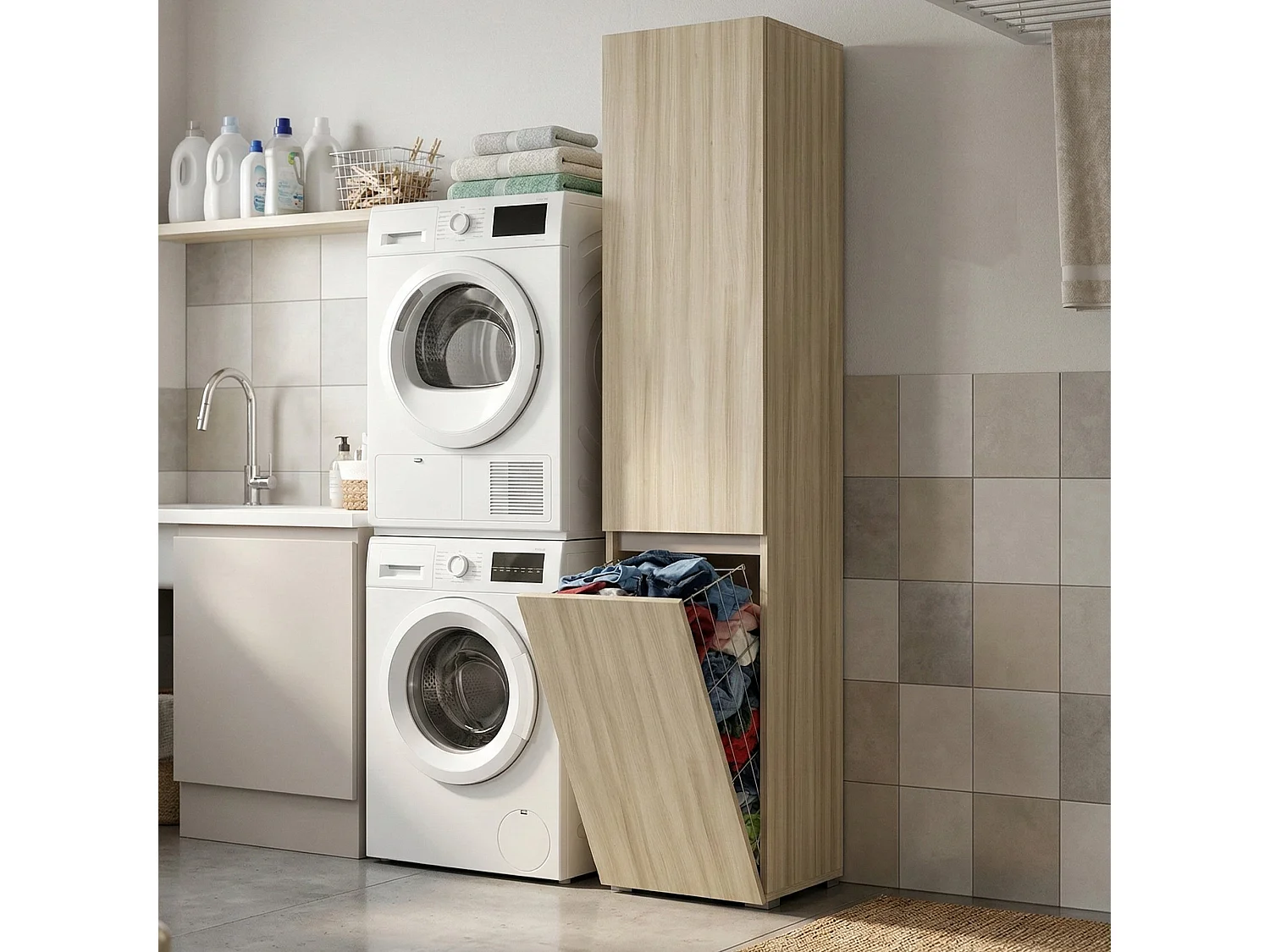 Armoire polyvalente Dasteggian 2 portes, buanderie 2 portes, colonne de salle de bain avec panier à linge, 100% Made in Italy, 45x37h195 cm, Olmo