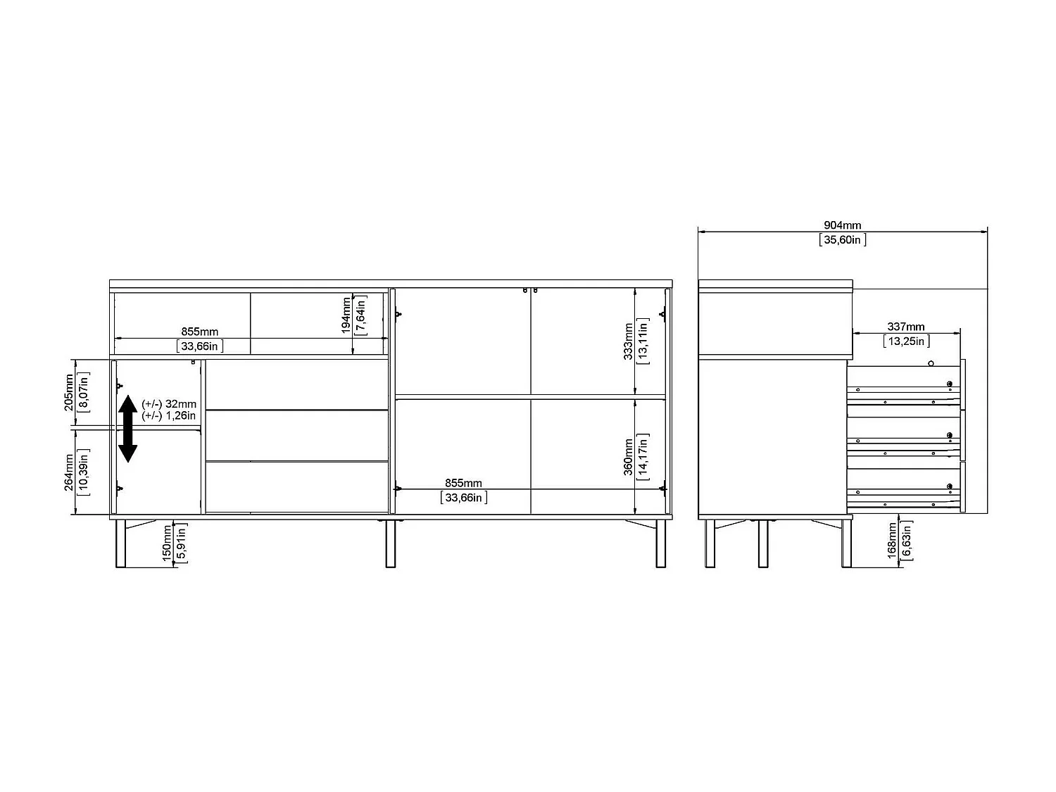 Dsardin dressoir, Woonkamerbuffet, Woonkamerdressoir, Keukenkast, 176x48 h90 cm, Wit en Eiken