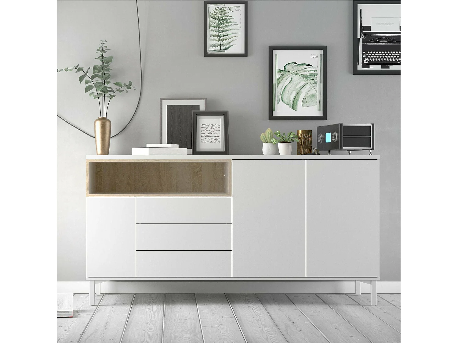 Aparador Dsardin, Bufé de salón, Aparador de salón, Despensa de cocina, 176x48 h90 cm, Blanco y Roble