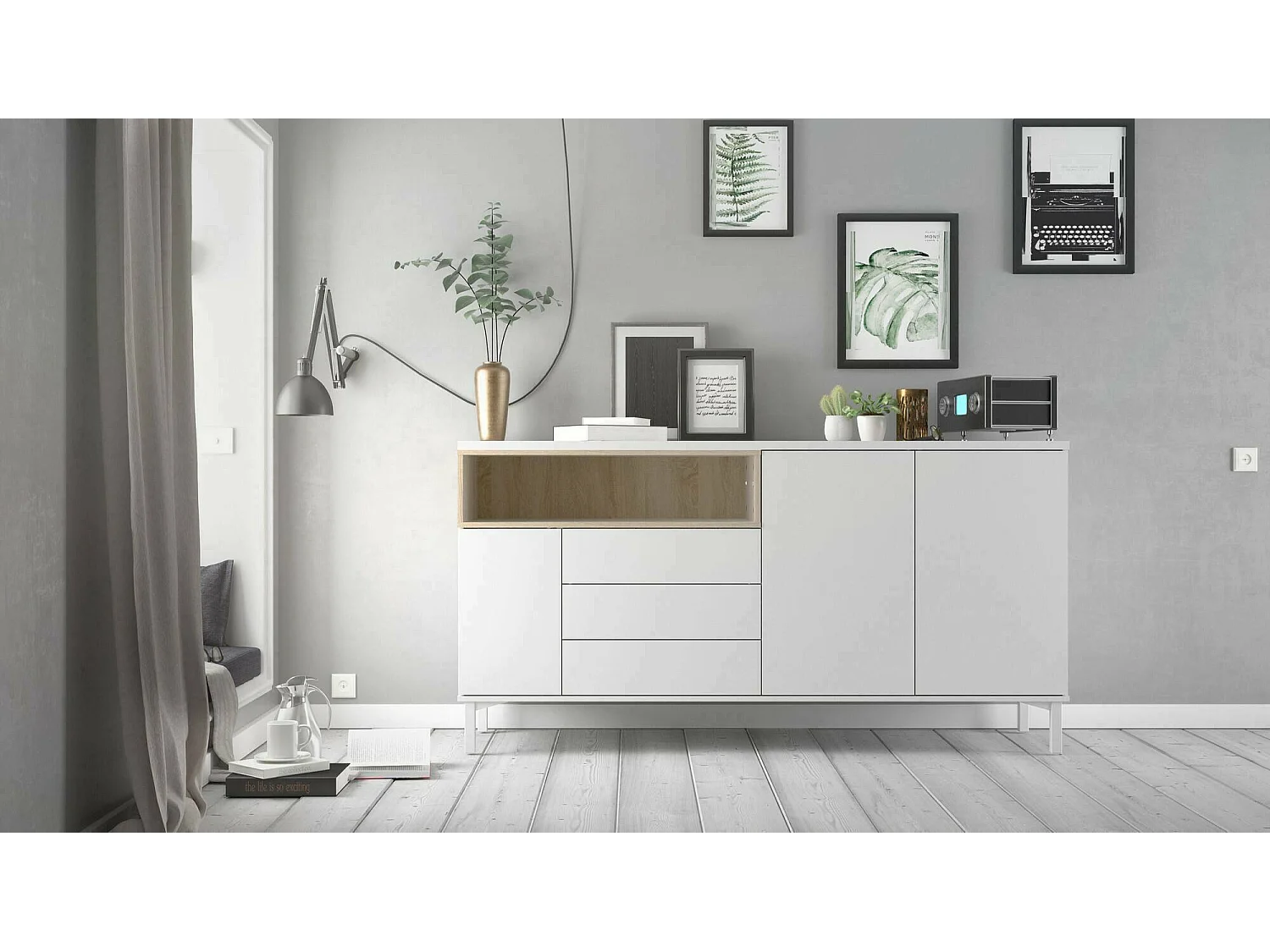 Buffet Dsardin, Buffet du salon, Commode de salon, Garde-manger de cuisine, 176x48 h90 cm, Blanc et chêne