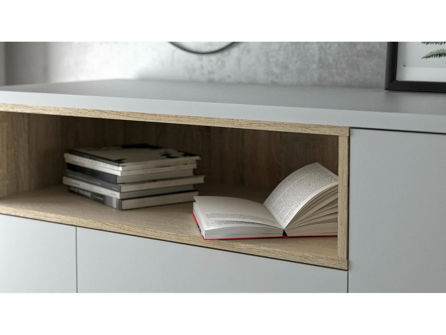 Dsardin dressoir, Woonkamerbuffet, Woonkamerdressoir, Keukenkast, 176x48 h90 cm, Wit en Eiken