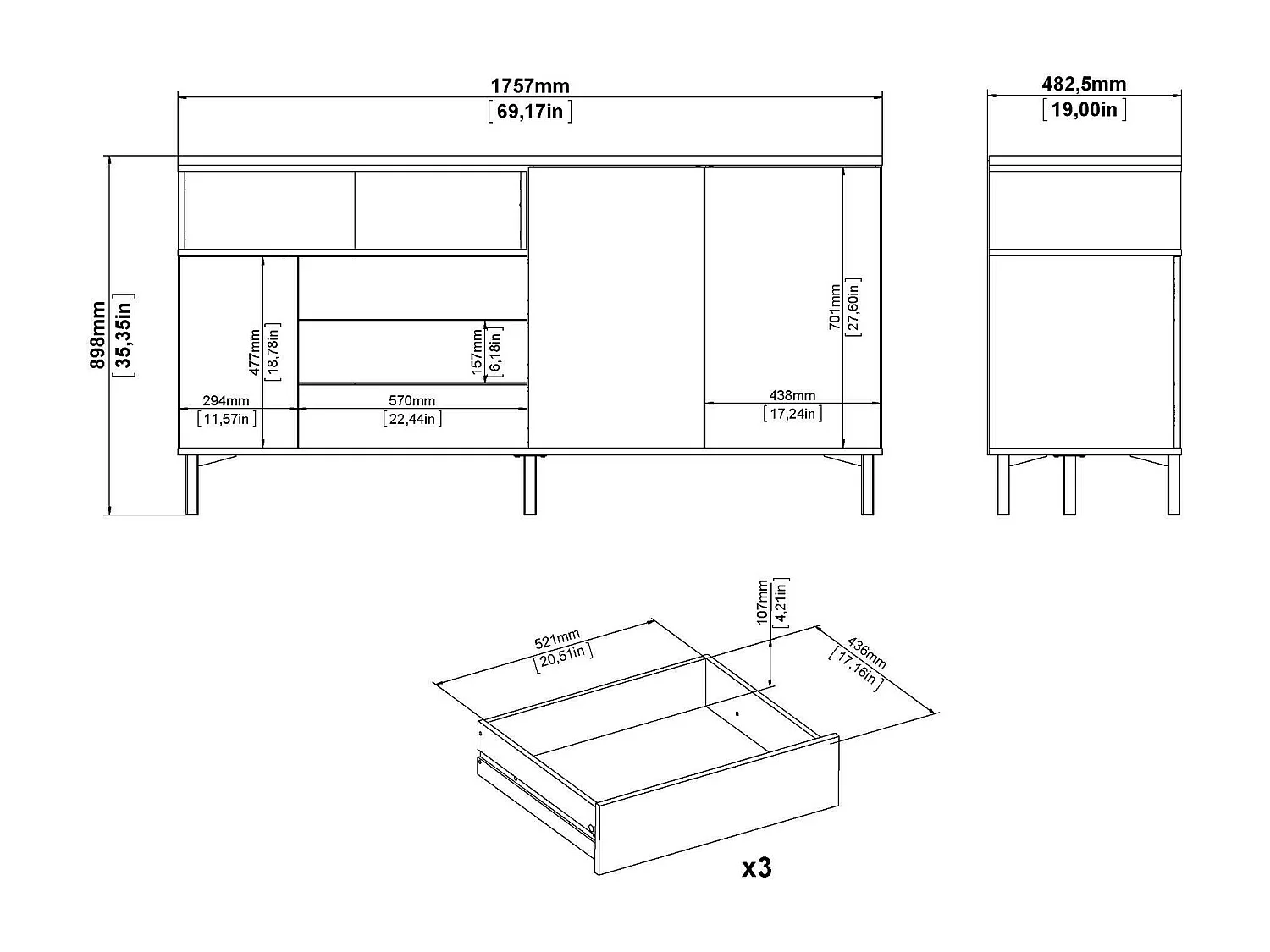 Dsardin dressoir, Woonkamerbuffet, Woonkamerdressoir, Keukenkast, 176x48 h90 cm, Wit en Eiken
