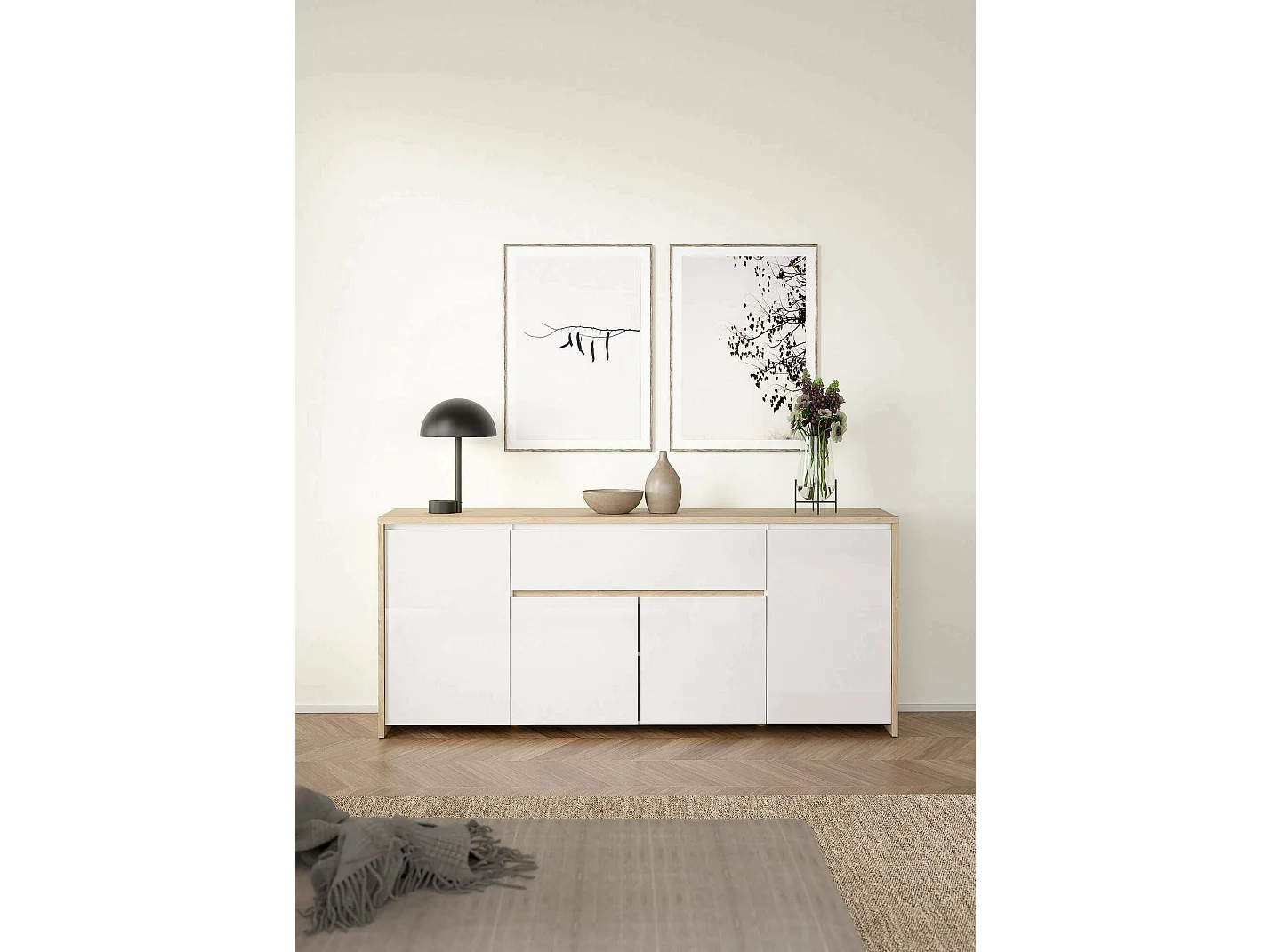 Buffet Dsalv, Buffet du salon, Commode de salon, Garde-manger de cuisine, 197x48 h84 cm, Chêne clair et Blanc