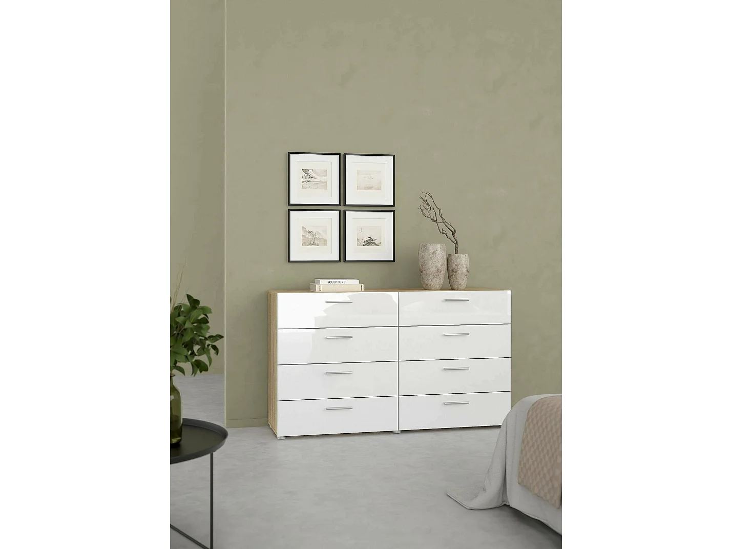 Buffet Dsattol, Buffet du salon, Commode de salon, Garde-manger de cuisine, 140x40 h82 cm, Chêne et Blanc