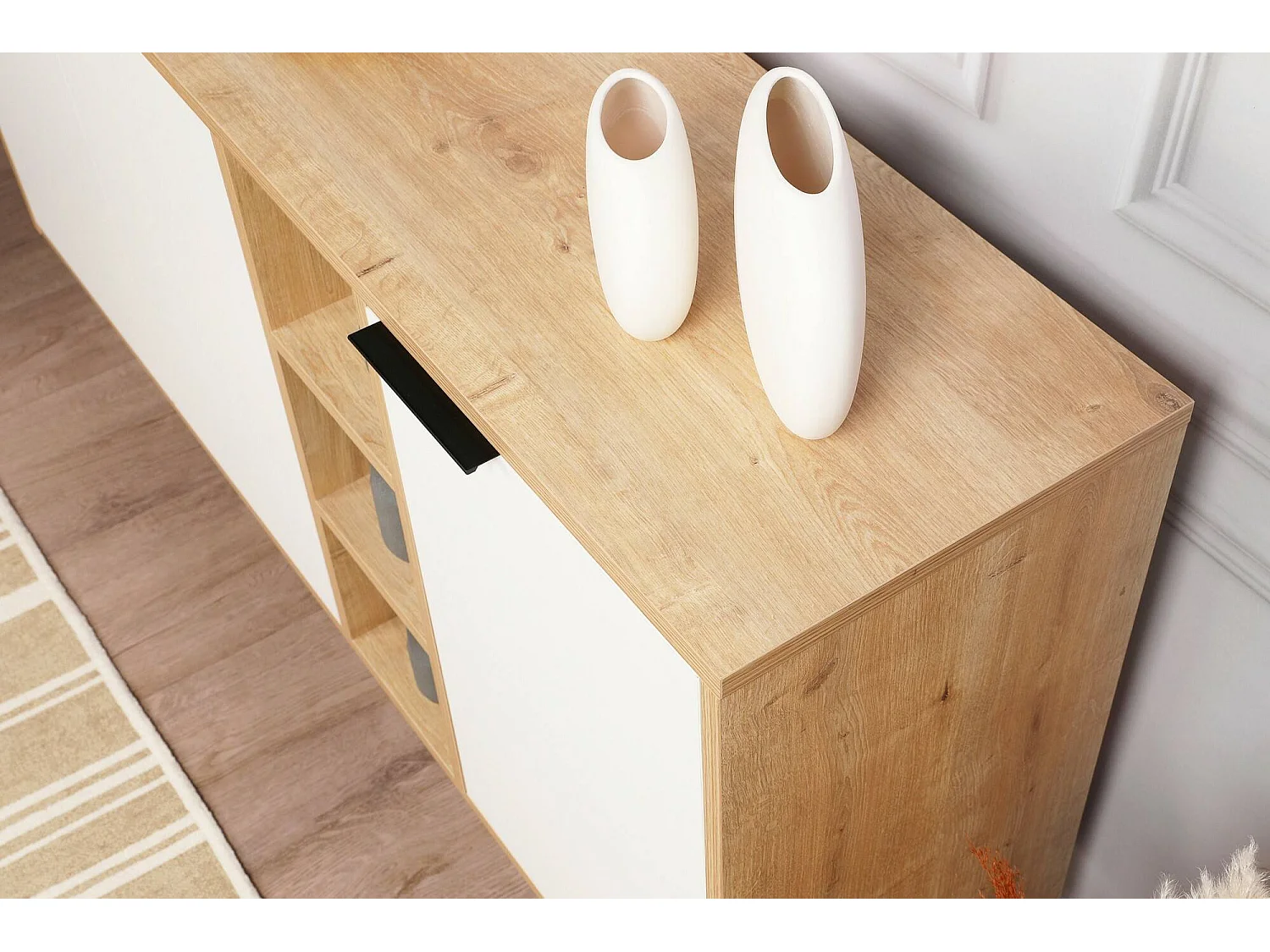 Buffet Dmontesan, Buffet du salon, Commode de salon, Garde-manger de cuisine, 142x36 h83 cm, Chêne et Blanc