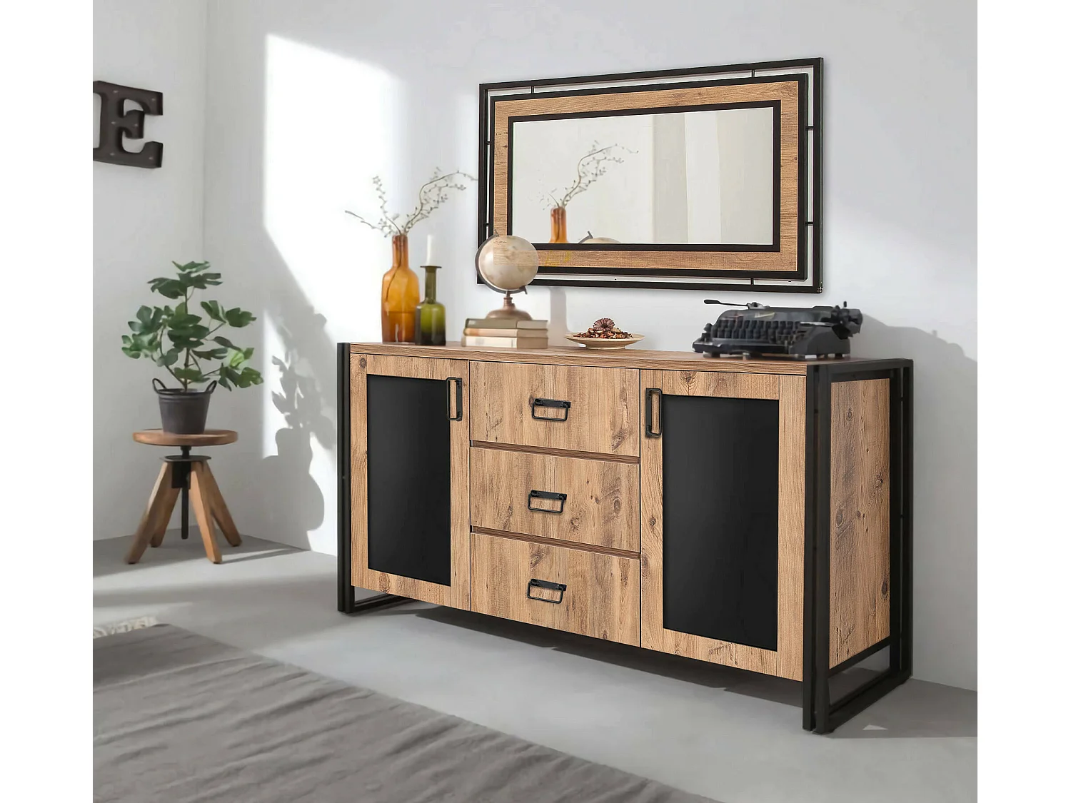 Aparador Dmontapert, Bufé de salón, Aparador de salón, Despensa de cocina, 160x45 h80 cm, Roble y Negro