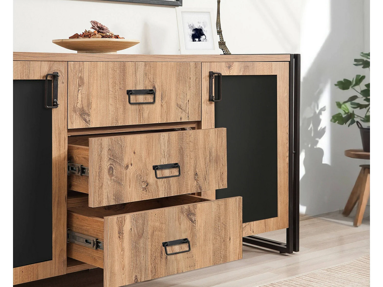 Aparador Dmontapert, Bufé de salón, Aparador de salón, Despensa de cocina, 160x45 h80 cm, Roble y Negro