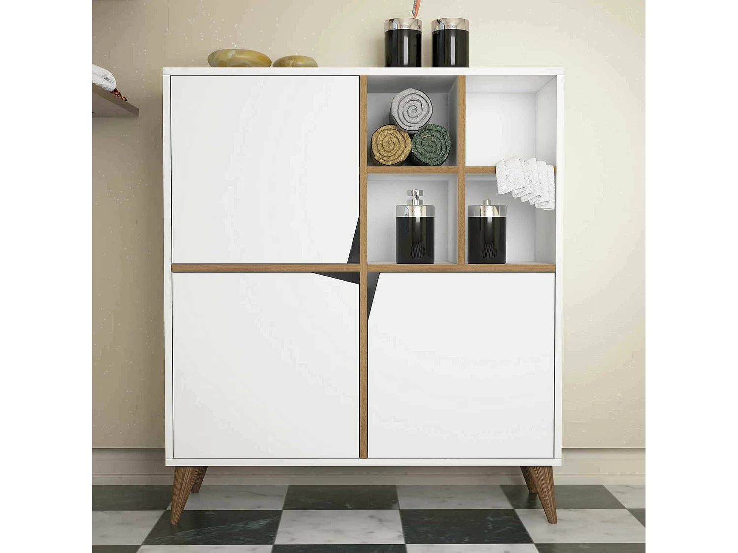 Aparador Ddiguglielm, Buffet de sala, Aparador de sala, Despensa de cozinha, 100x30 h115 cm, Branco e Nogueira