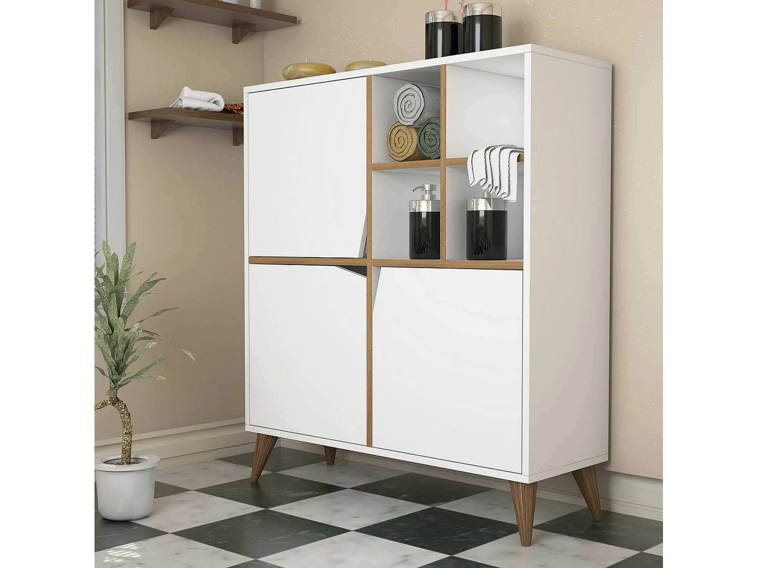 Aparador Ddiguglielm, Buffet de sala, Aparador de sala, Despensa de cozinha, 100x30 h115 cm, Branco e Nogueira