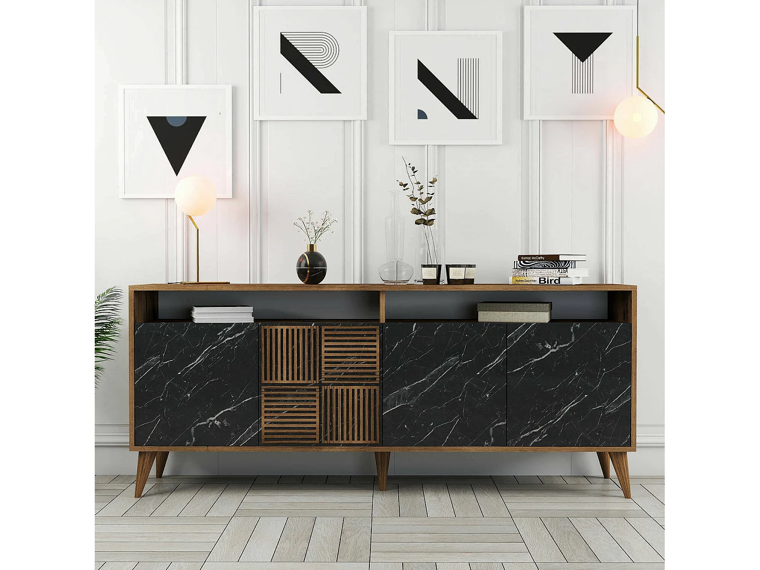 Kommode Dstenmar, Wohnzimmerbuffet, Wohnzimmer-Sideboard, Moderne Küchen-Speisekammer, 180x35 h79 cm, Walnuss und Schwarz