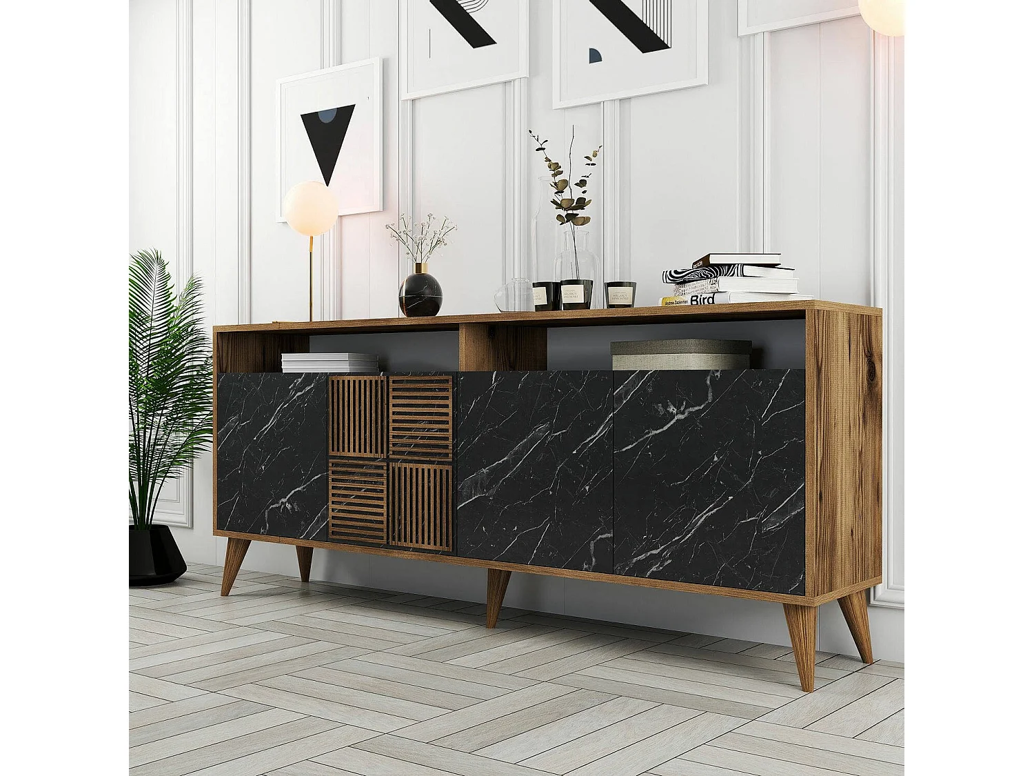 Kommode Dstenmar, Wohnzimmerbuffet, Wohnzimmer-Sideboard, Moderne Küchen-Speisekammer, 180x35 h79 cm, Walnuss und Schwarz