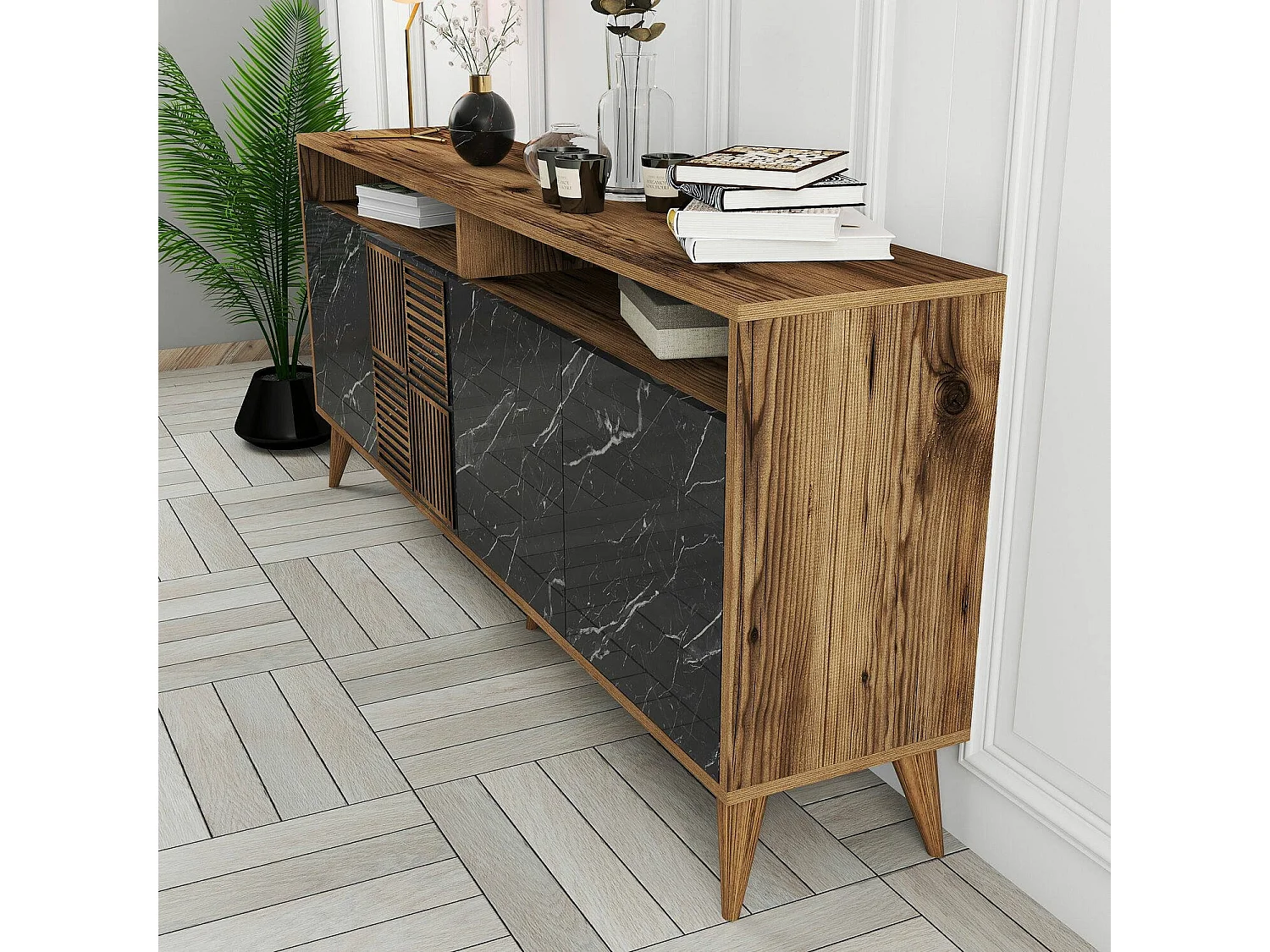 Kommode Dstenmar, Wohnzimmerbuffet, Wohnzimmer-Sideboard, Moderne Küchen-Speisekammer, 180x35 h79 cm, Walnuss und Schwarz
