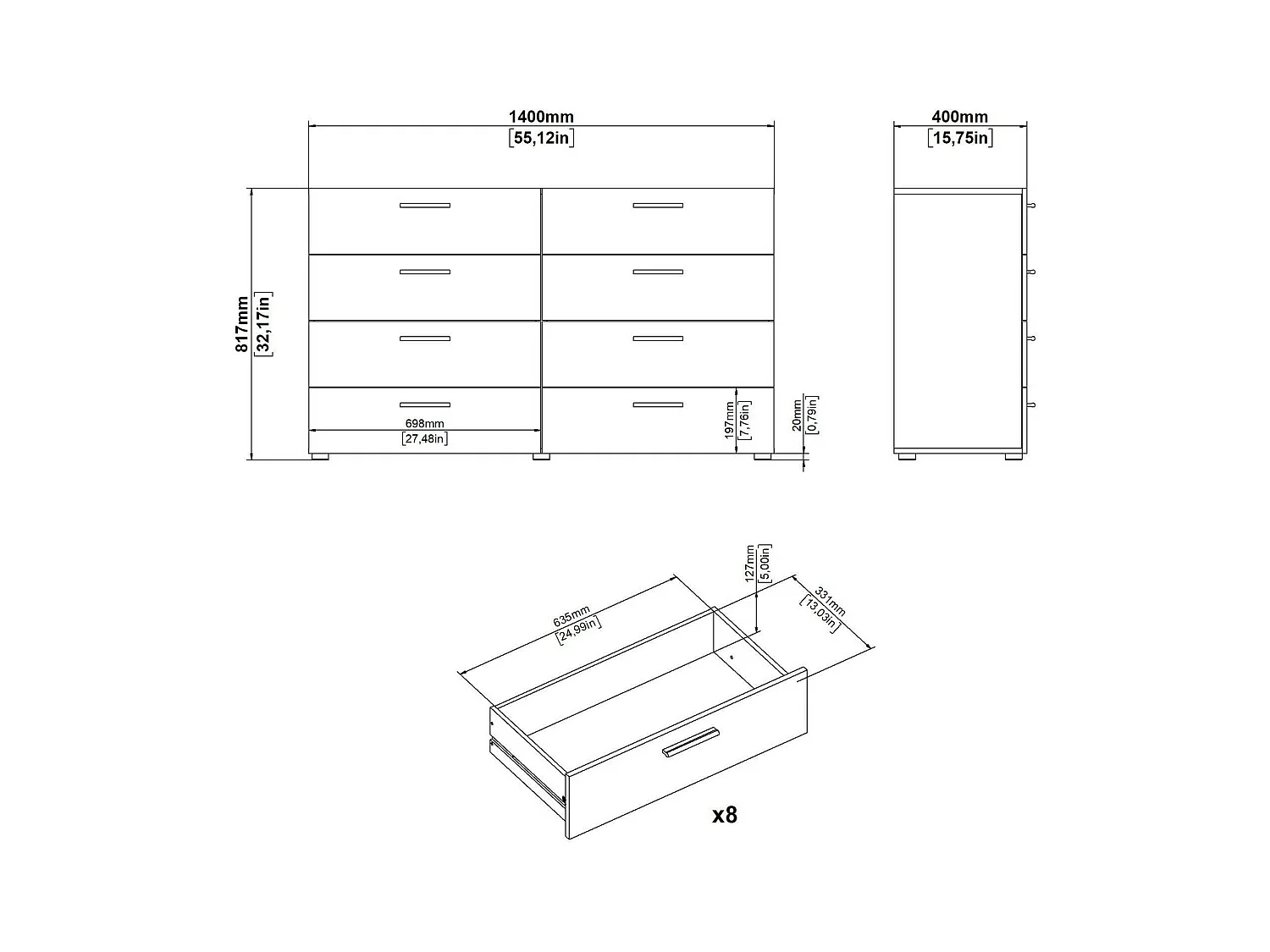 Kommode Dsattol, Wohnzimmerbuffet, Wohnzimmer-Sideboard, Moderne Küchen-Speisekammer, 140x40 h82 cm, Schwarz