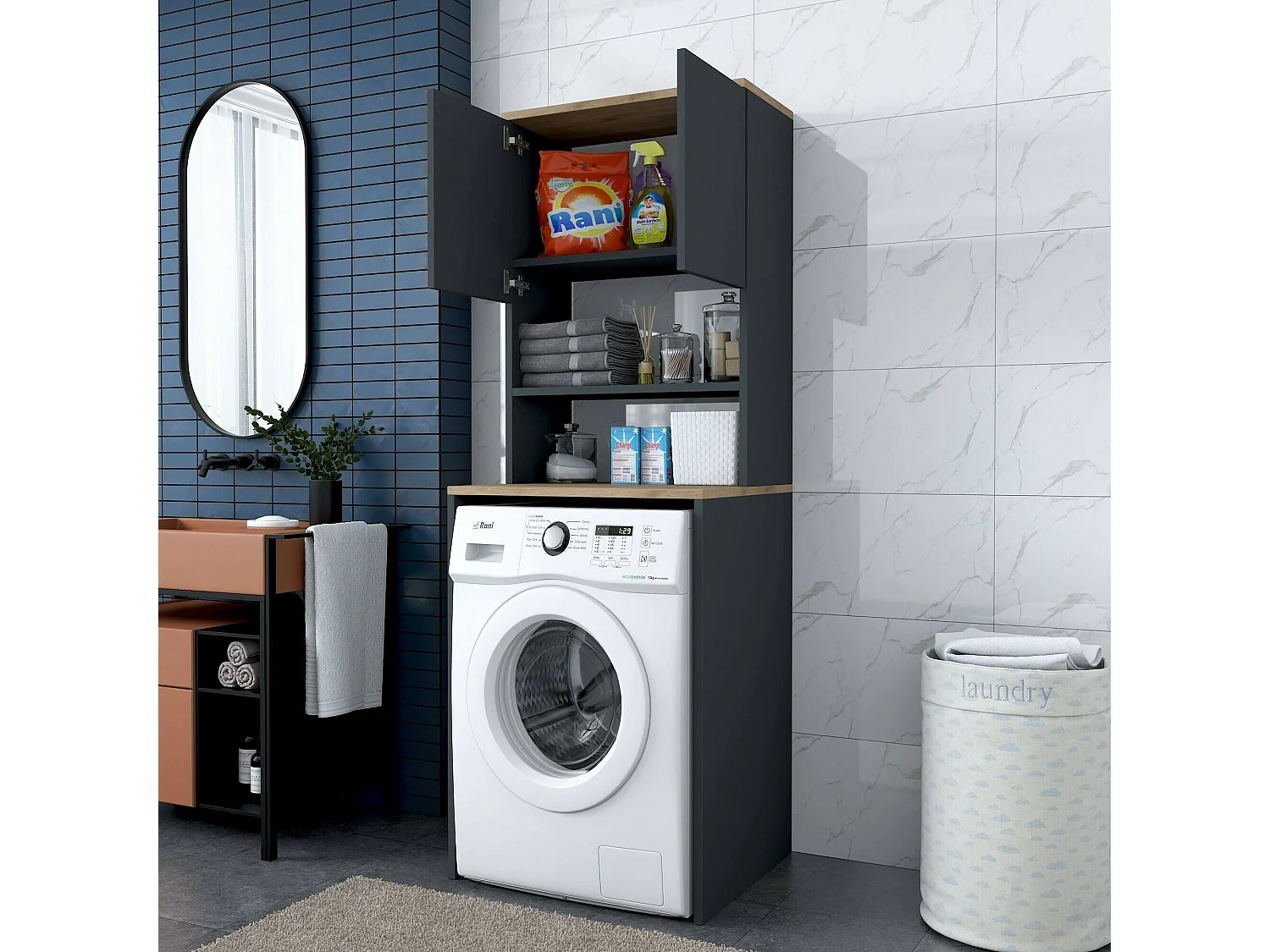 Armario multiusos 2 puertas Dgarofal, Muebles multifuncionales, Zapatero, Armario para zapatos, 65x60h184 cm, Nogal y Antracita