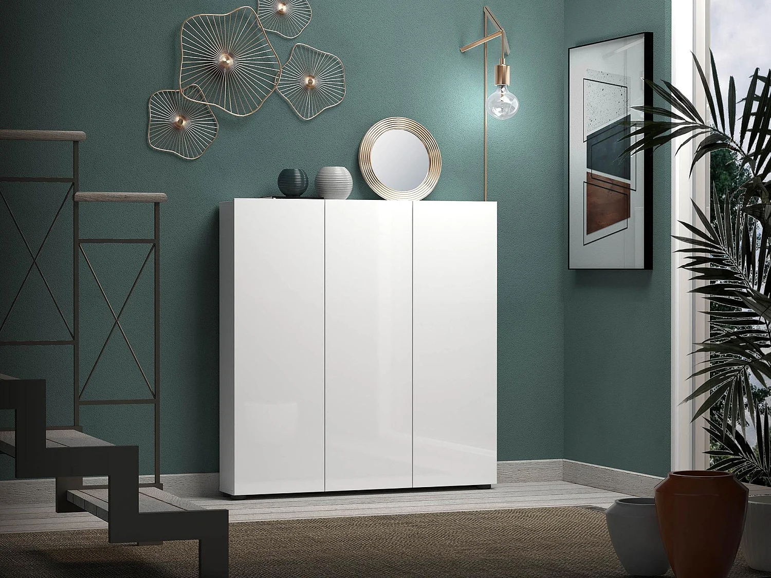 Dfrancios grote multifunctionele kledingkast, Multifunctionele kast, Schoenenrekkast, Schoenenkast, Made in Italy, 110x19h115 cm, Glanzend wit