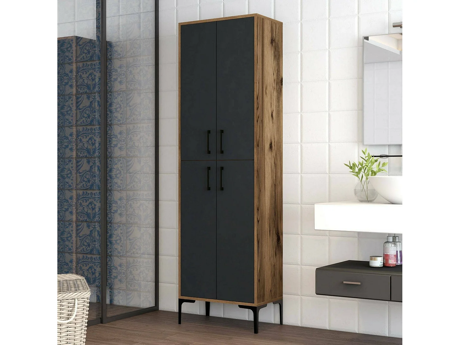 Grande armoire polyvalente Denipot, Meubles multifonctionnels, Casier à chaussures, Support à chaussures pour armoire, 60x35h200 cm, Noyer et Anthracite