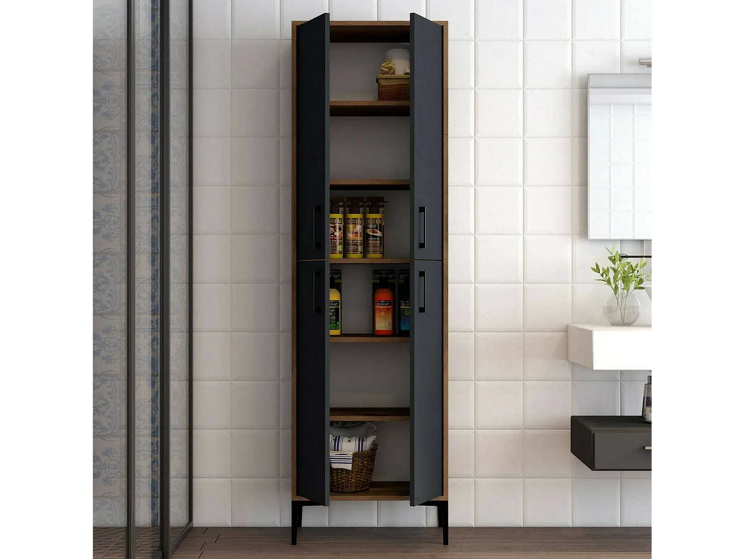 Grande armoire polyvalente Denipot, Meubles multifonctionnels, Casier à chaussures, Support à chaussures pour armoire, 60x35h200 cm, Noyer et Anthracite