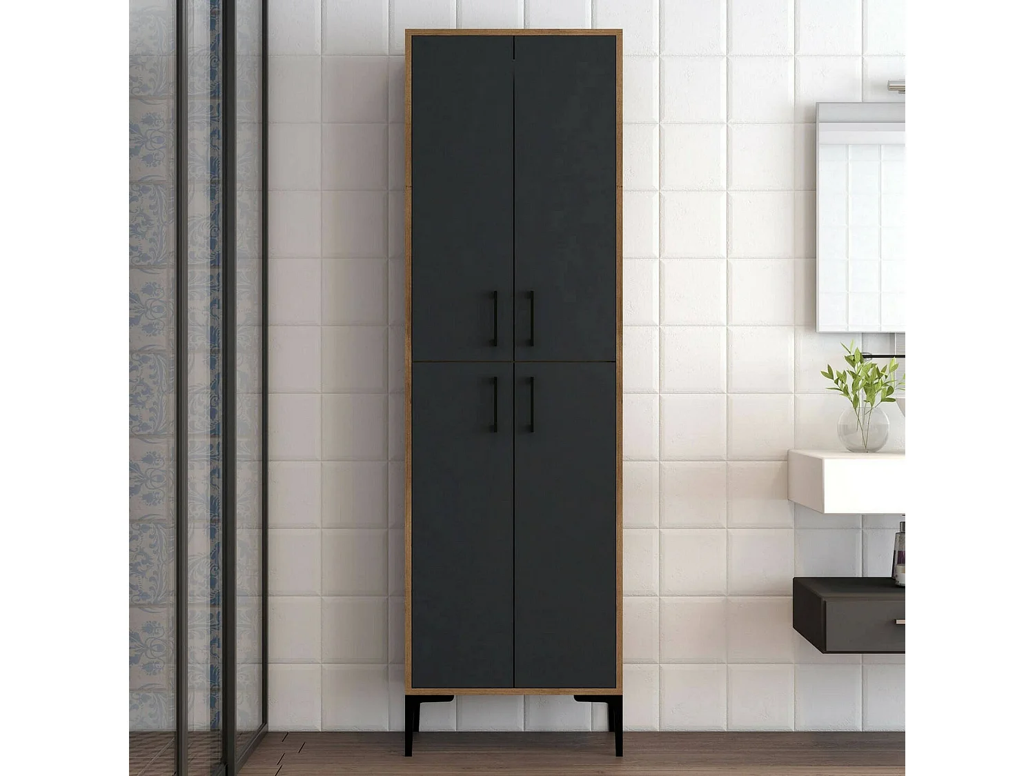 Grande armoire polyvalente Denipot, Meubles multifonctionnels, Casier à chaussures, Support à chaussures pour armoire, 60x35h200 cm, Noyer et Anthracite