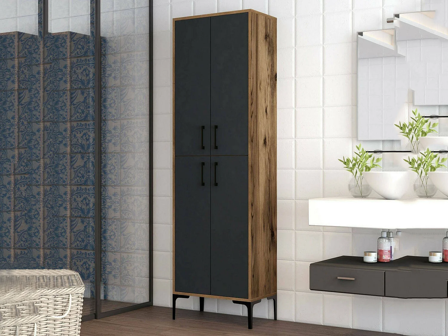 Grande armoire polyvalente Denipot, Meubles multifonctionnels, Casier à chaussures, Support à chaussures pour armoire, 60x35h200 cm, Noyer et Anthracite