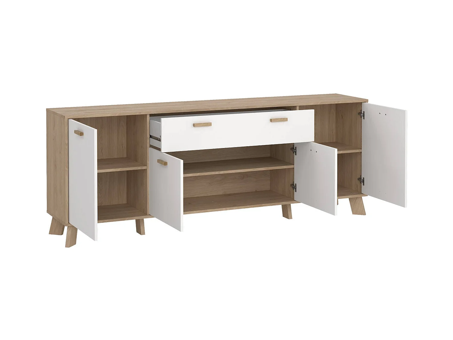 Buffet Dsalvion, Buffet du salon, Commode de salon, Garde-manger de cuisine, 196x39 h73 cm, Chêne clair et Blanc