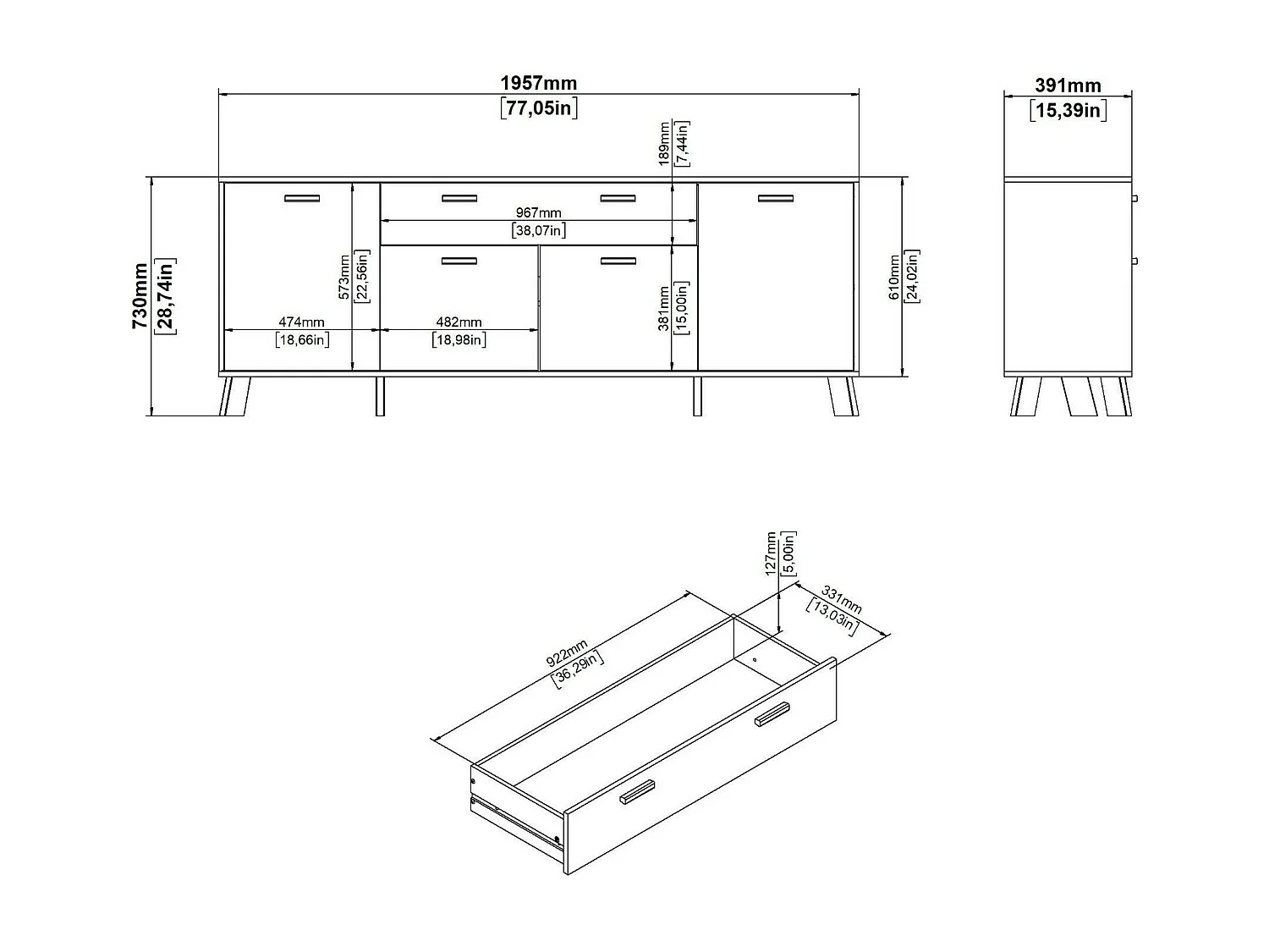 Buffet Dsalvion, Buffet du salon, Commode de salon, Garde-manger de cuisine, 196x39 h73 cm, Chêne clair et Blanc