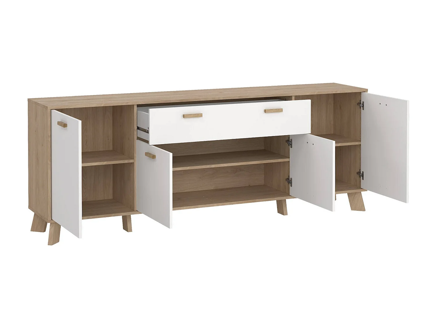 Buffet Dsalvion, Buffet du salon, Commode de salon, Garde-manger de cuisine, 196x39 h73 cm, Chêne clair et Blanc