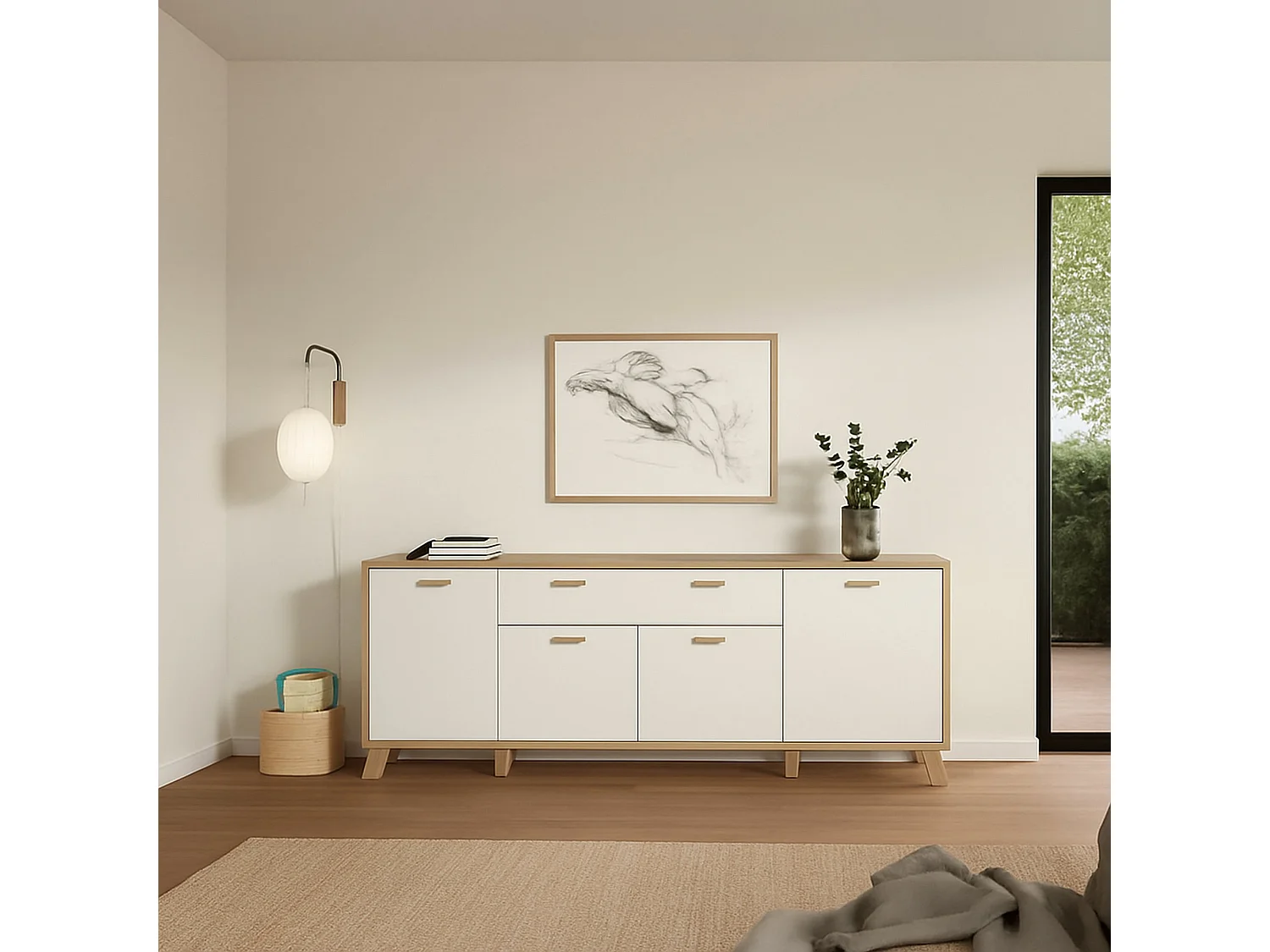 Buffet Dsalvion, Buffet du salon, Commode de salon, Garde-manger de cuisine, 196x39 h73 cm, Chêne clair et Blanc