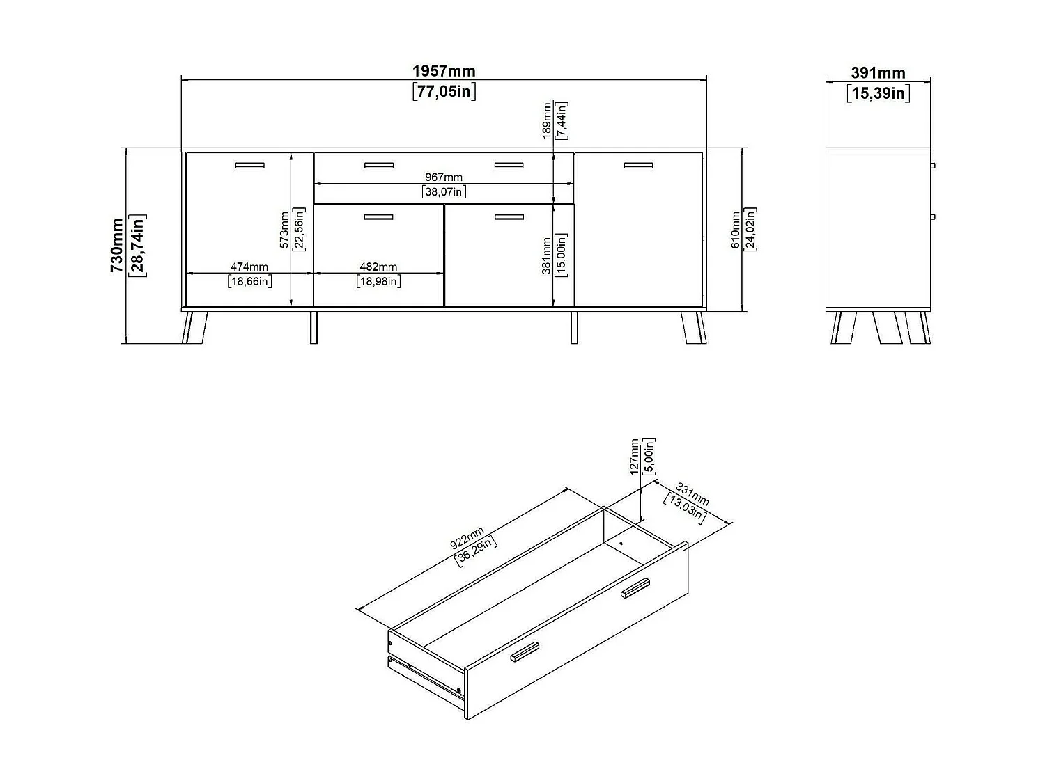 Buffet Dsalvion, Buffet du salon, Commode de salon, Garde-manger de cuisine, 196x39 h73 cm, Chêne clair et Blanc