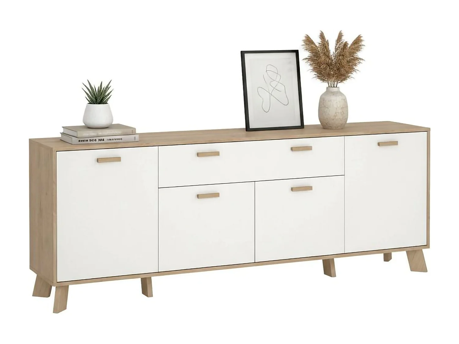 Aparador Dsalvion, Buffet de sala, Aparador de sala, Despensa de cozinha, 196x39 h73 cm, Carvalho e Branco