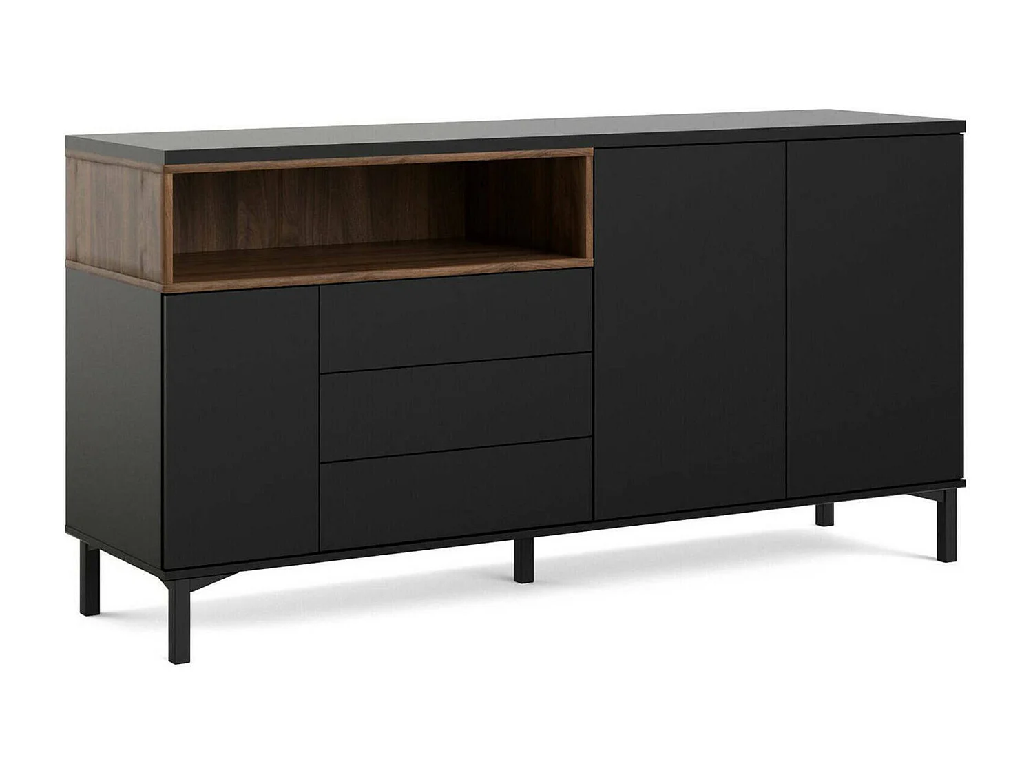 Kommode Dsardin, Wohnzimmerbuffet, Wohnzimmer-Sideboard, Moderne Küchen-Speisekammer, 176x48 h90 cm, Schwarz und Walnuss