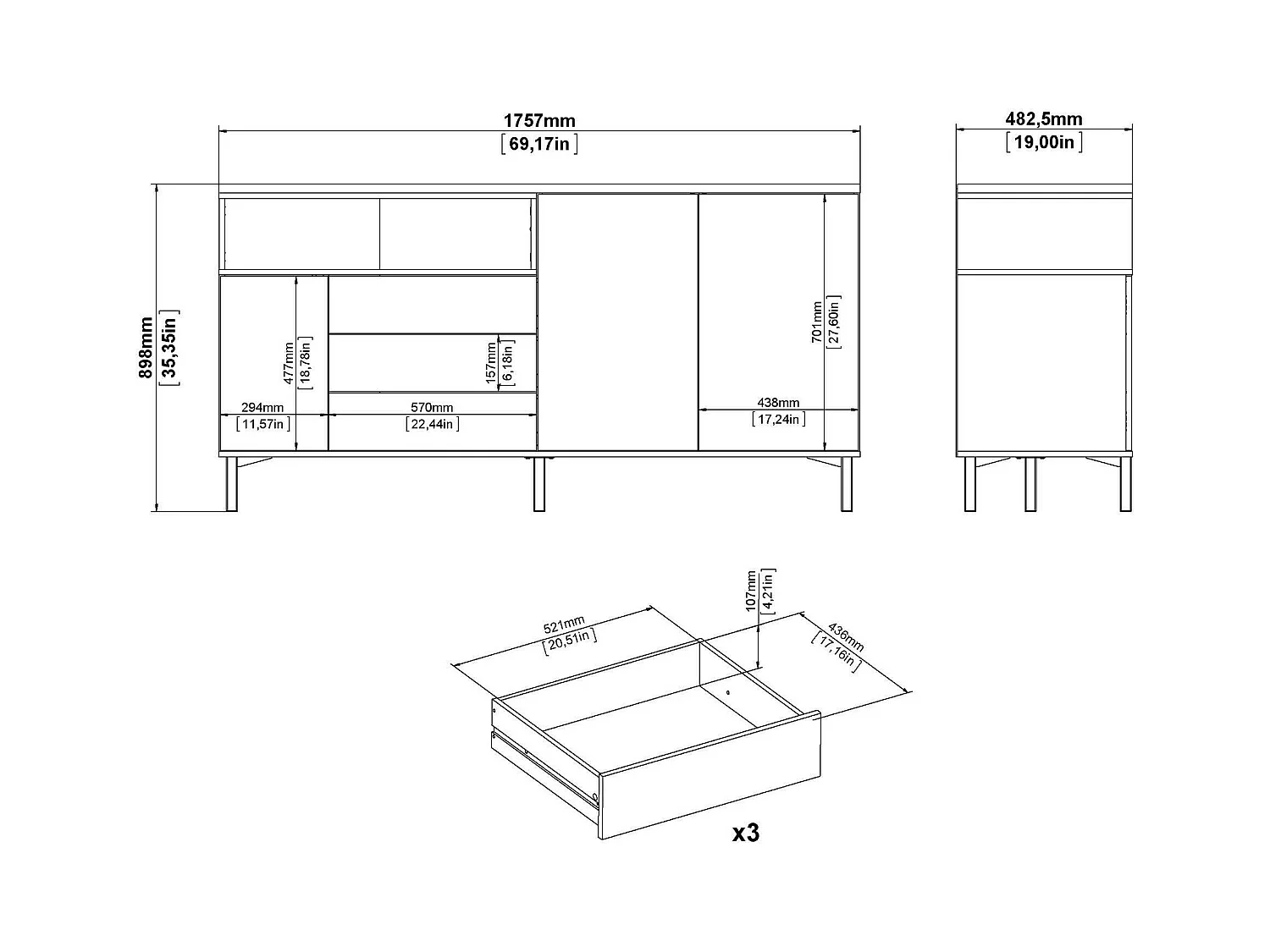Kommode Dsardin, Wohnzimmerbuffet, Wohnzimmer-Sideboard, Moderne Küchen-Speisekammer, 176x48 h90 cm, Schwarz und Walnuss