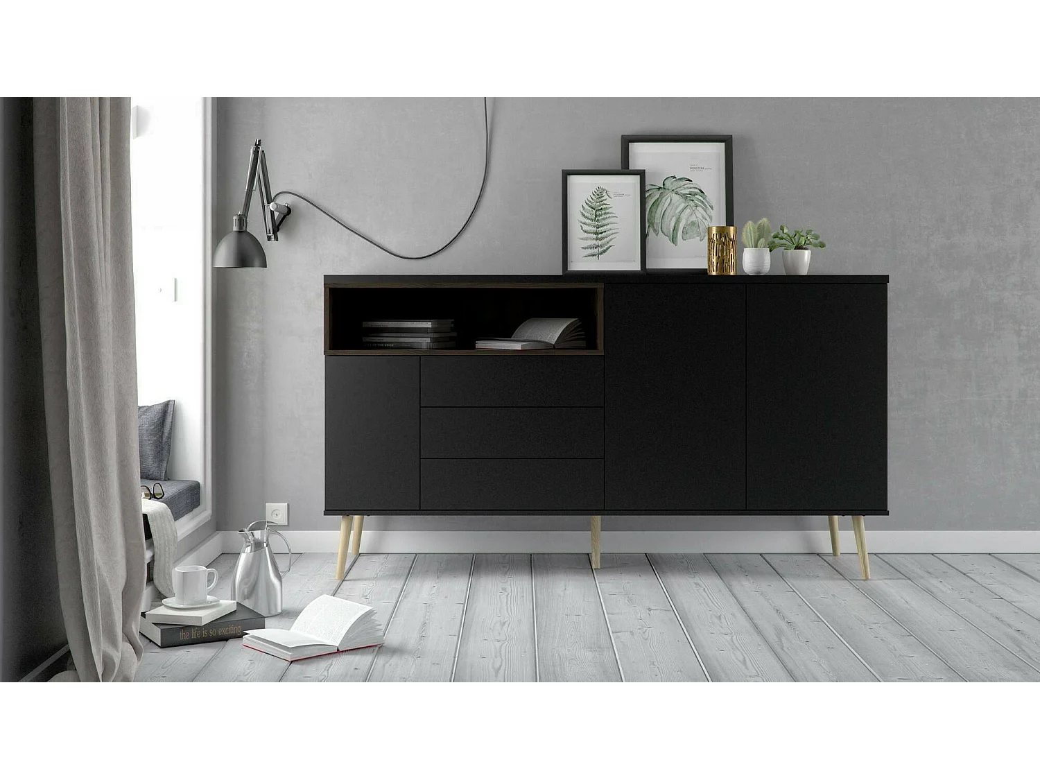 Buffet Dsardin, Buffet du salon, Commode de salon, Garde-manger de cuisine, 176x48 h90 cm, Noir et Noyer