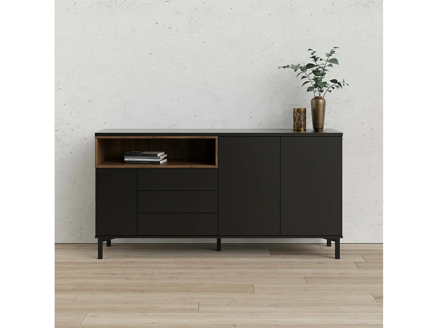 Buffet Dsardin, Buffet du salon, Commode de salon, Garde-manger de cuisine, 176x48 h90 cm, Noir et Noyer