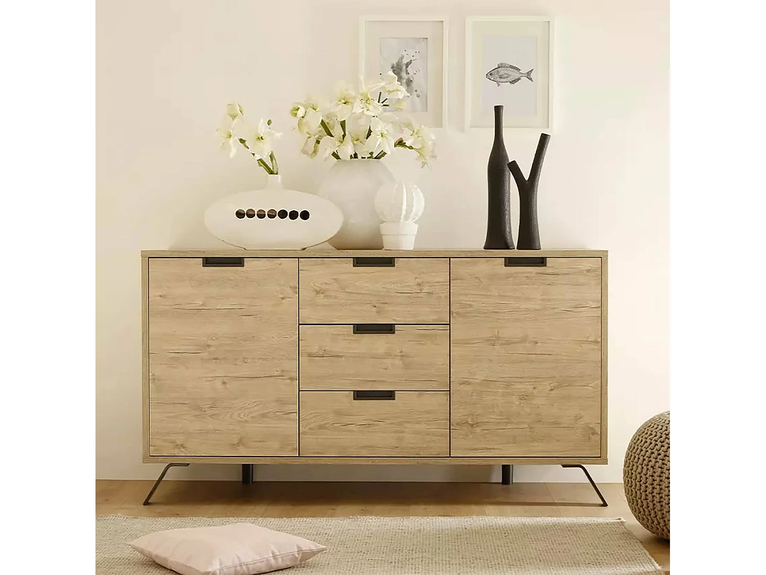 Kommode Dace, Wohnzimmerbuffet, Wohnzimmer-Sideboard, Moderne Küchen-Speisekammer, Made in Italy, 156x50 h86 cm, Eiche