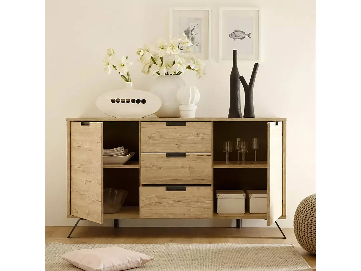 Kommode Dace, Wohnzimmerbuffet, Wohnzimmer-Sideboard, Moderne Küchen-Speisekammer, Made in Italy, 156x50 h86 cm, Eiche