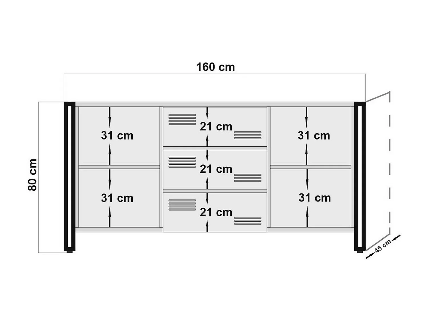 Buffet Dzubrigge, Buffet du salon, Commode de salon, Garde-manger de cuisine, 160x45 h80 cm, Chêne et Noir
