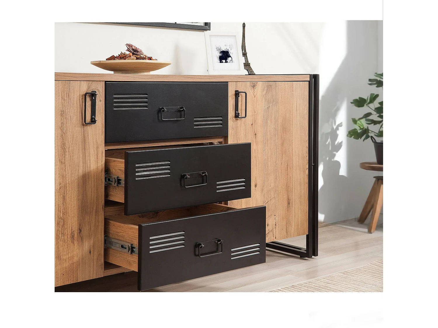 Buffet Dzubrigge, Buffet du salon, Commode de salon, Garde-manger de cuisine, 160x45 h80 cm, Chêne et Noir