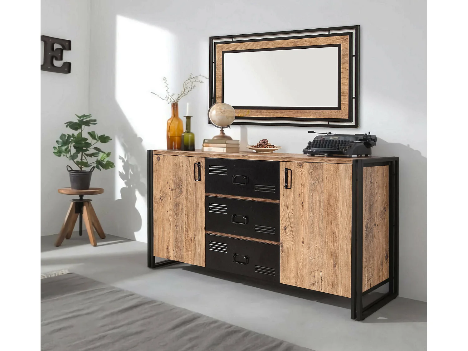 Dzubrigge dressoir, Woonkamerbuffet, Woonkamerdressoir, Keukenkast, 160x45 h80 cm, Eiken en Zwart