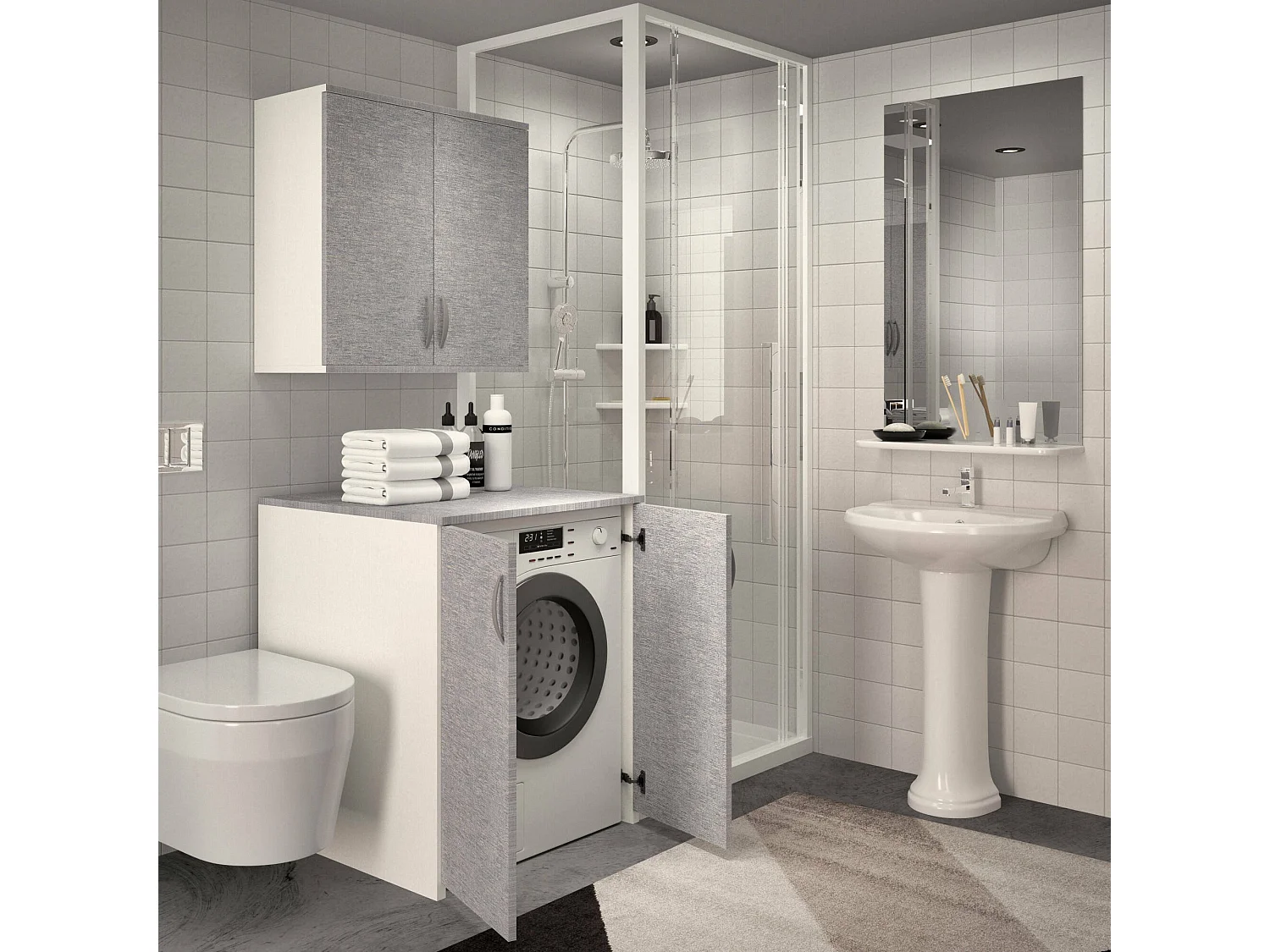 Armoire polyvalente à 2 portes Drabio, Meubles multifonctionnels, Casier à chaussures, Garde-robe à balais, Made in Italy, 76x70h90 cm, Blanc et gris