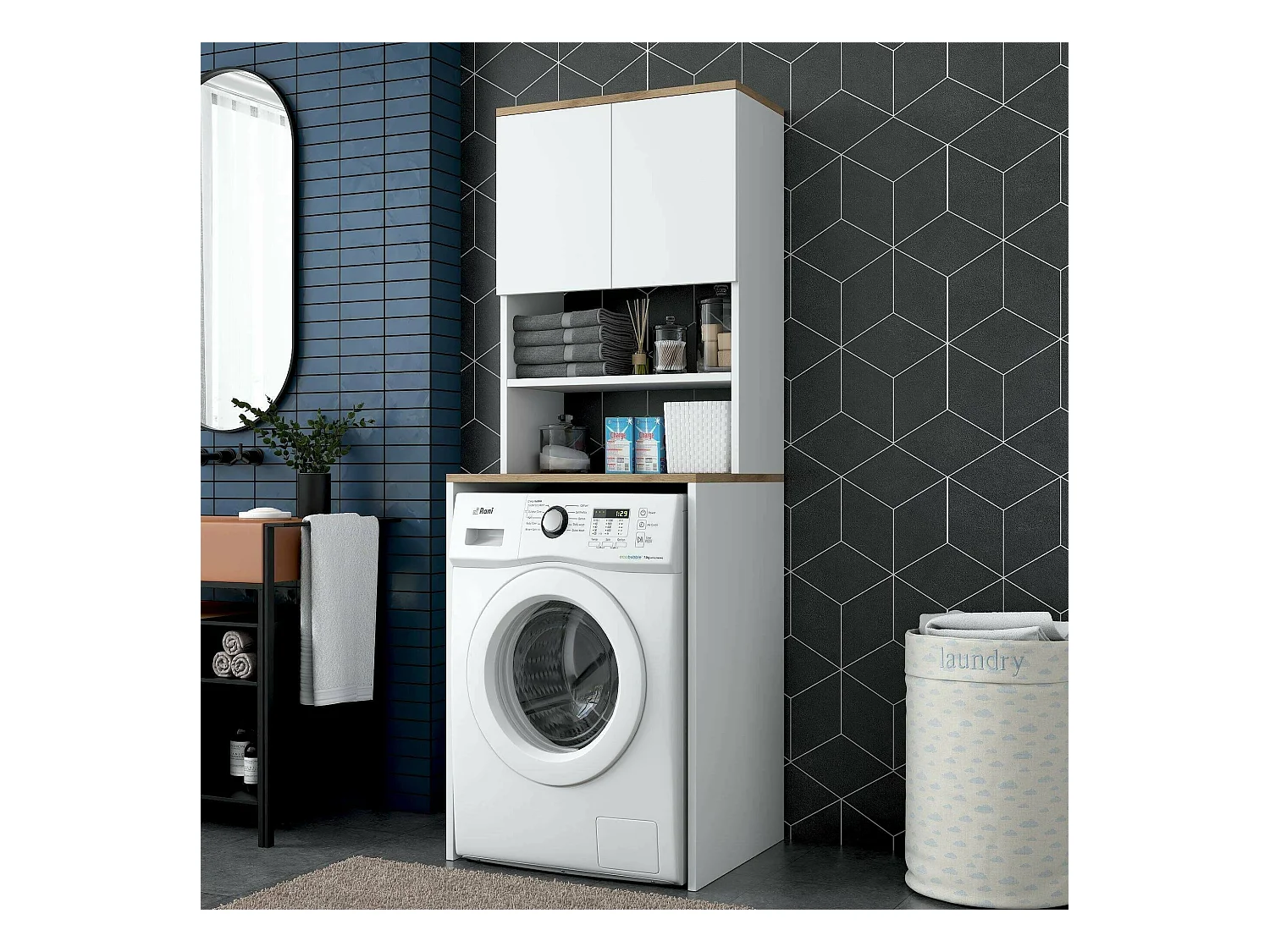 Armoire polyvalente à 2 portes Dgarofal, Meubles multifonctionnels, Casier à chaussures, Support à chaussures pour armoire, 65x60h184 cm, Blanc et Noyer