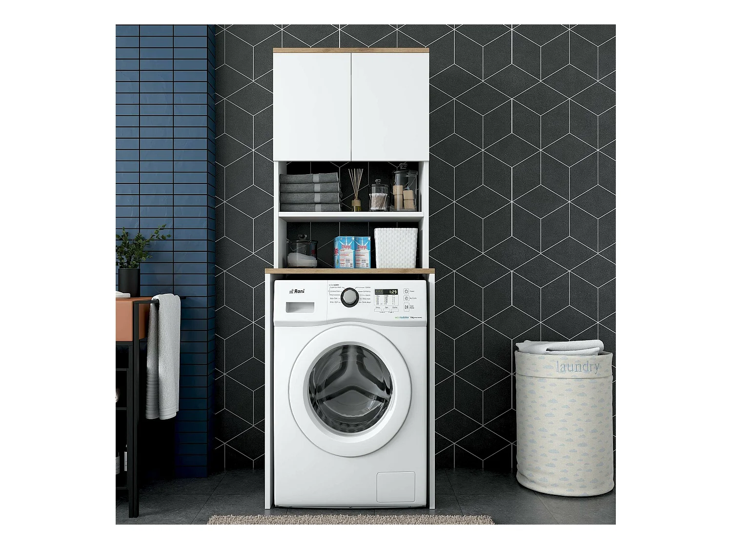 Armoire polyvalente à 2 portes Dgarofal, Meubles multifonctionnels, Casier à chaussures, Support à chaussures pour armoire, 65x60h184 cm, Blanc et Noyer