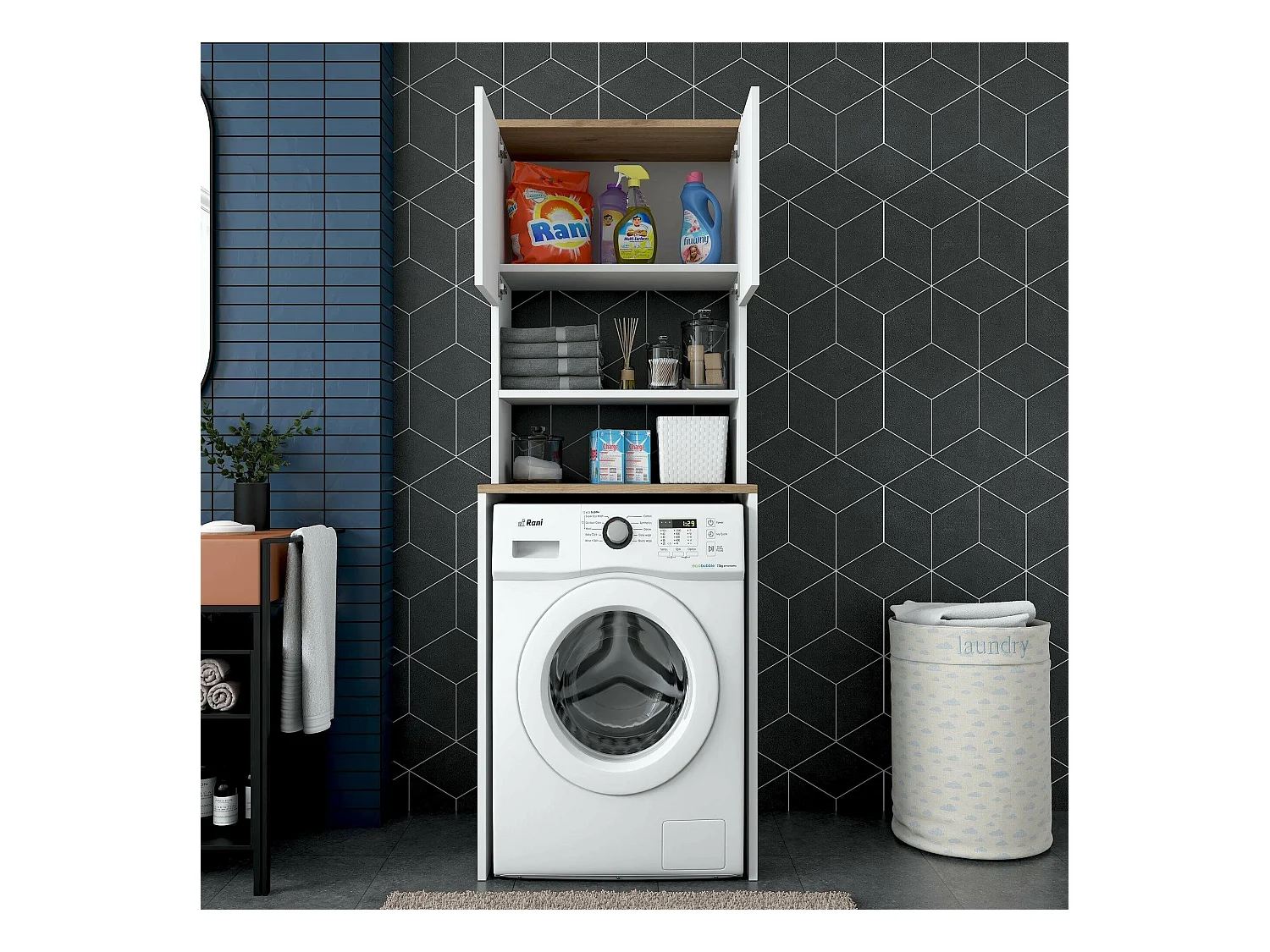 Armoire polyvalente à 2 portes Dgarofal, Meubles multifonctionnels, Casier à chaussures, Support à chaussures pour armoire, 65x60h184 cm, Blanc et Noyer