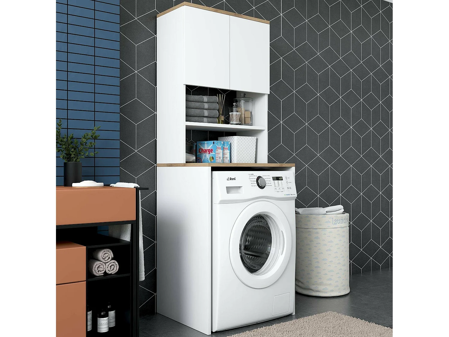 Armoire polyvalente à 2 portes Dgarofal, Meubles multifonctionnels, Casier à chaussures, Support à chaussures pour armoire, 65x60h184 cm, Blanc et Noyer