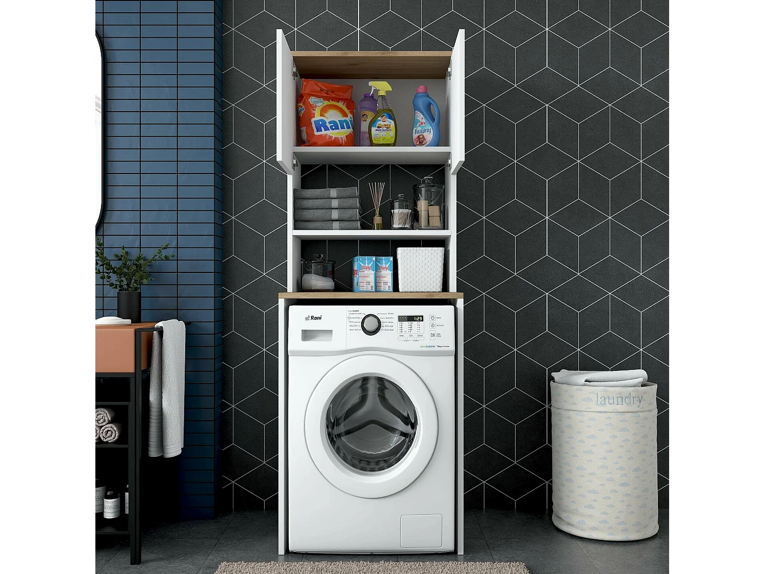 Dgarofal multifunctionele kledingkast 2 deuren, multifunctionele kast, schoenenrekkast, schoenenkast, 65x60h184 cm, wit en walnoot