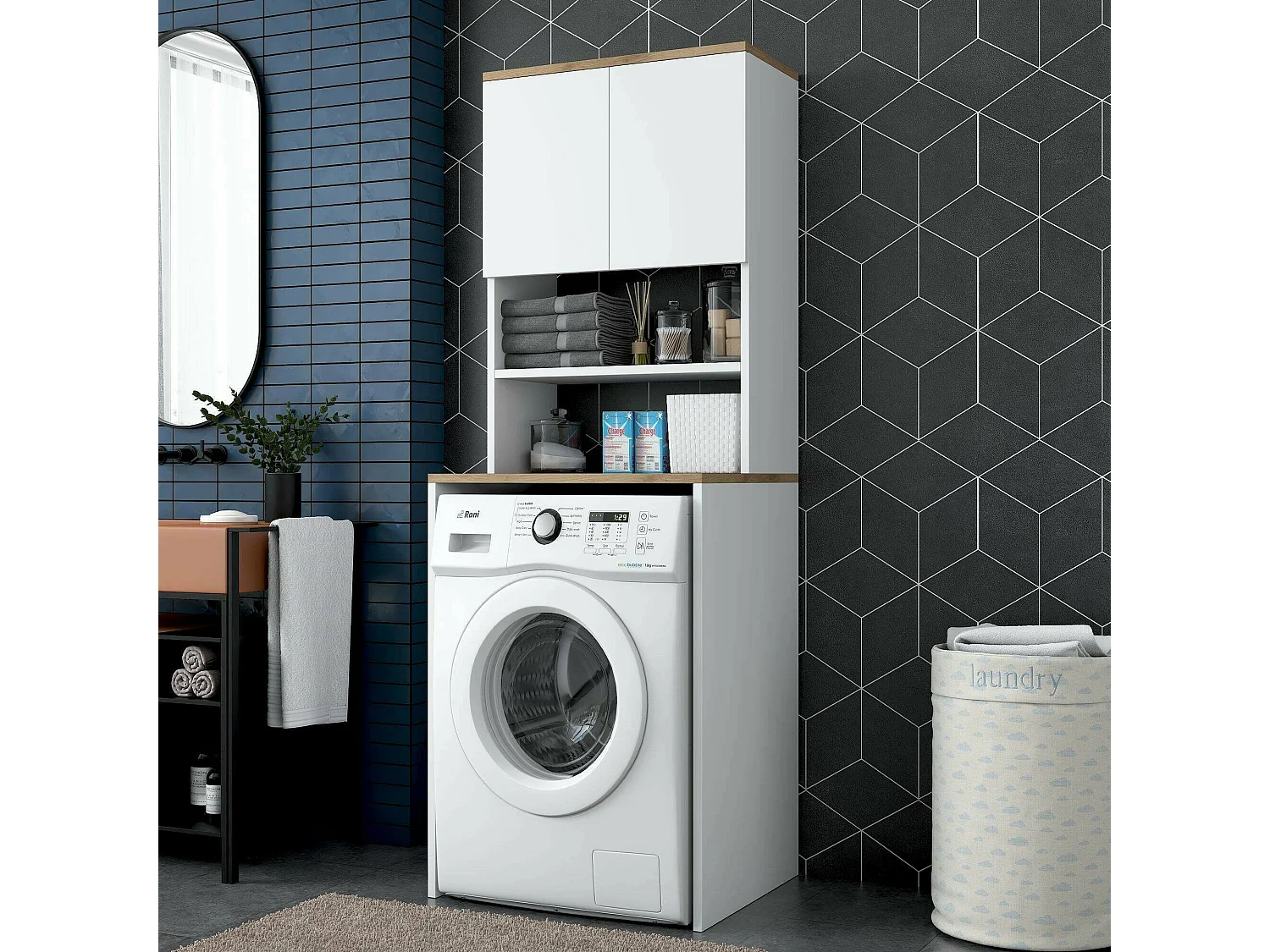 Armoire polyvalente à 2 portes Dgarofal, Meubles multifonctionnels, Casier à chaussures, Support à chaussures pour armoire, 65x60h184 cm, Blanc et Noyer